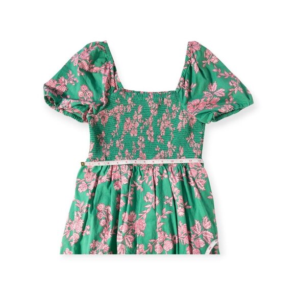 J.Crew Floral Puff Sleeve Smocked Cotton Midi Dress SZ S Green Boho Cottage Core - Picture 5 of 9